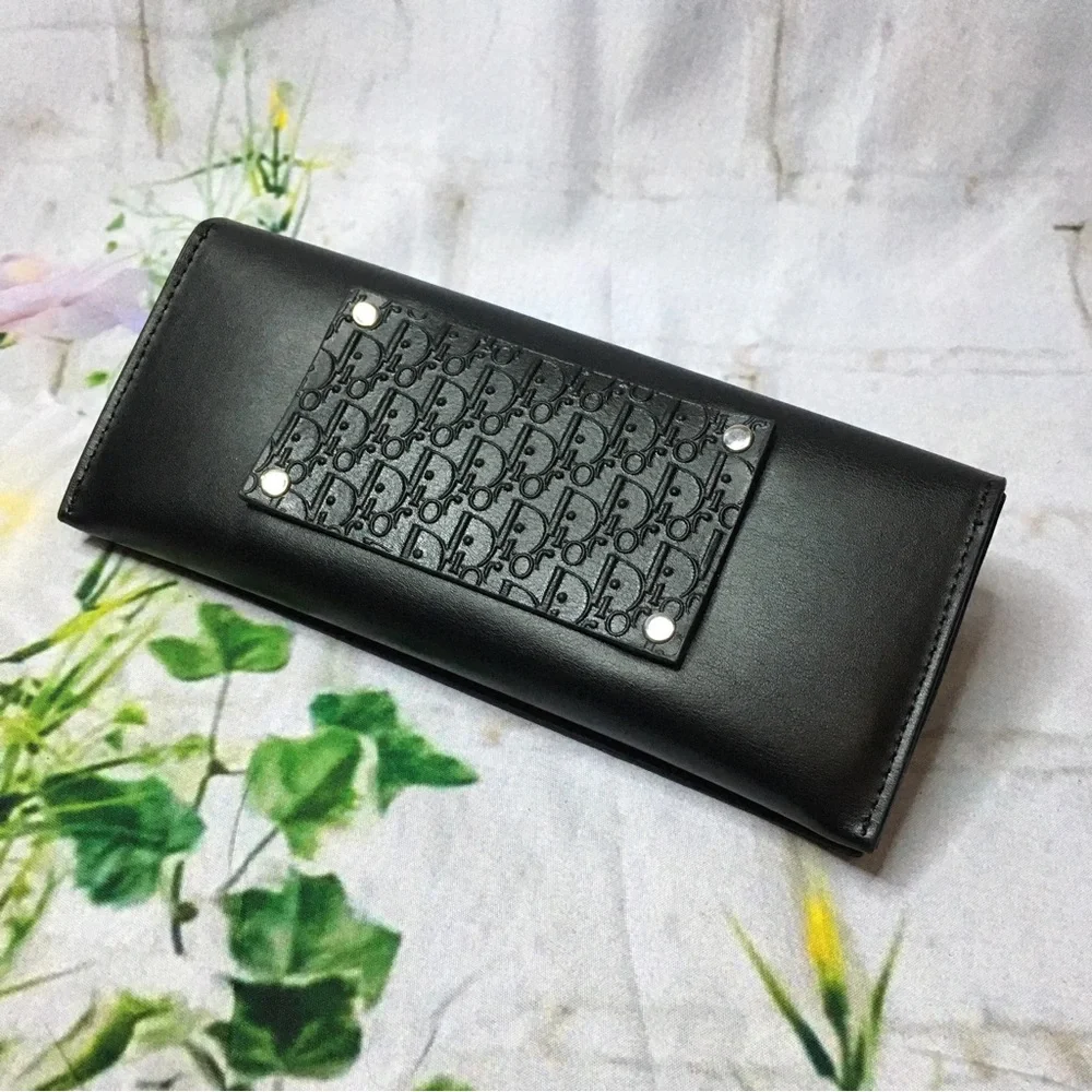 Dior Black eye glasses case detachable logo piece Faux leather New 3” x 7.5”